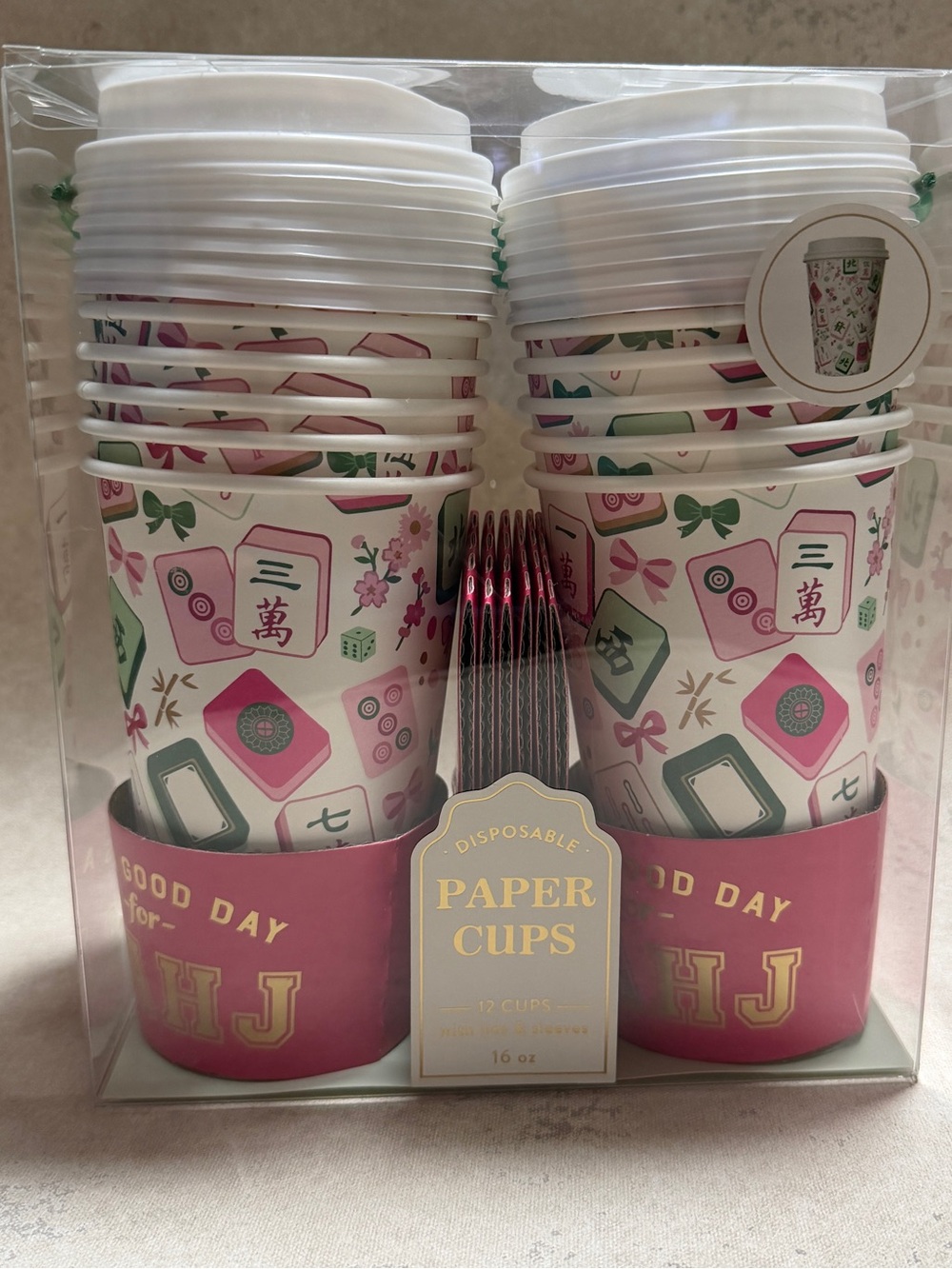 It’s a Good Day for Mahjong Themed Disposable Paper Cups -Pink & Green (12 Pack)